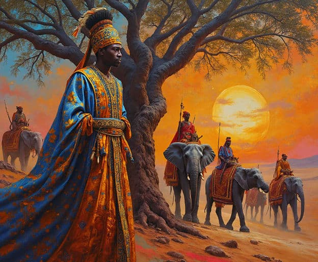 King Blue Robe Tree Elephant Procession Sunset Realistic