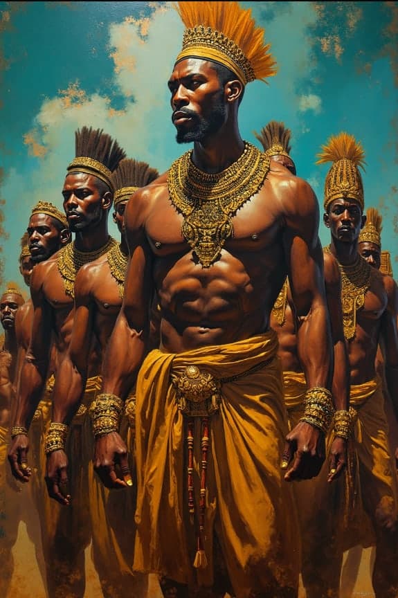 Warriors Gold Feathered Headdress Crowd Portrait Realistic