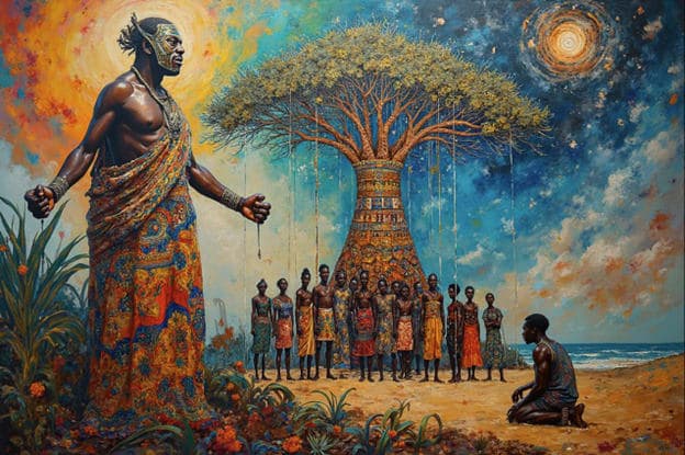 King Arms Outstretched Tree Crowd Kneeling Realistic