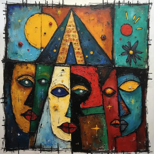 Cubist Multi Face Pyramid Sun Moon Geometric Colorful