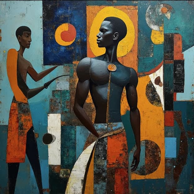 Man Painter Portrait Blue Gold Geometric Radiant