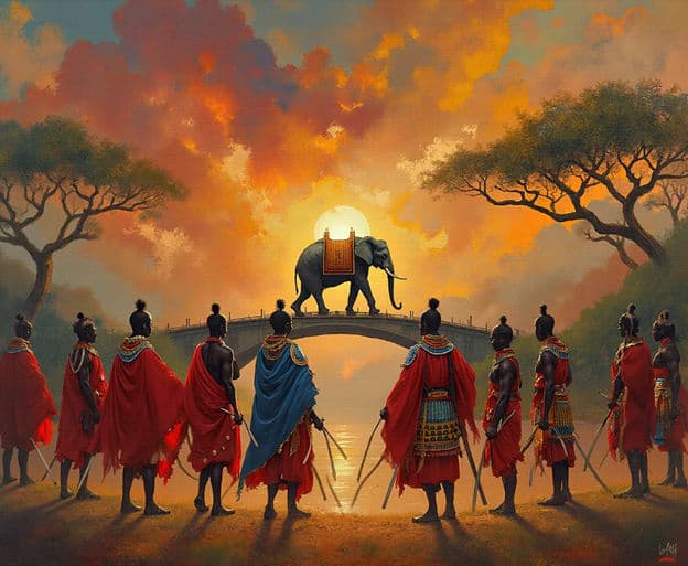 Warriors Elephant Bridge Sunset River Realistic