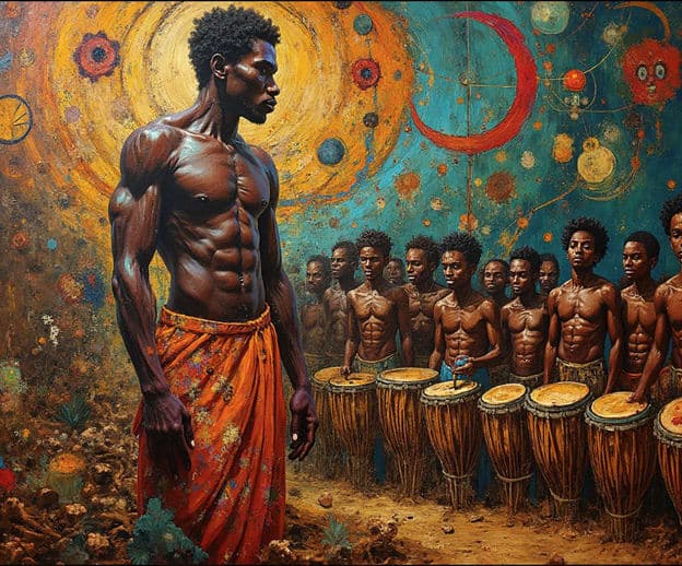 Man Drummers Cosmic Swirl Radiant Sun Crescent Moon