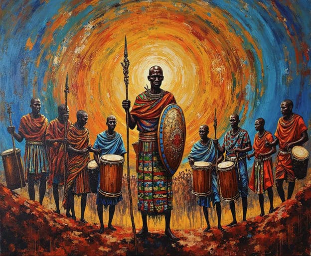 Warrior Spear Shield Drummers Radiant Sun Realistic Two