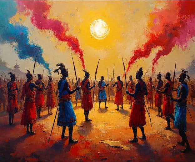 Warriors Circle Formation Spears Colored Smoke Sun