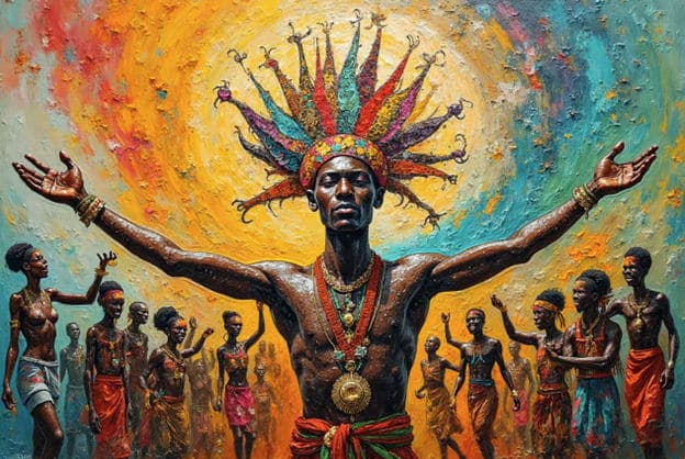 Feathered Headdress Man Arms Outstretched Dancers Sunburst