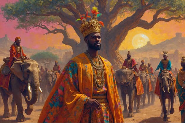 Crowned King Orange Robe Tree Elephants Pink Sky Ruins