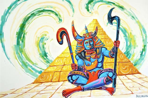 Horned Blue Deity Seated Staffs Golden Pyramid Spirals