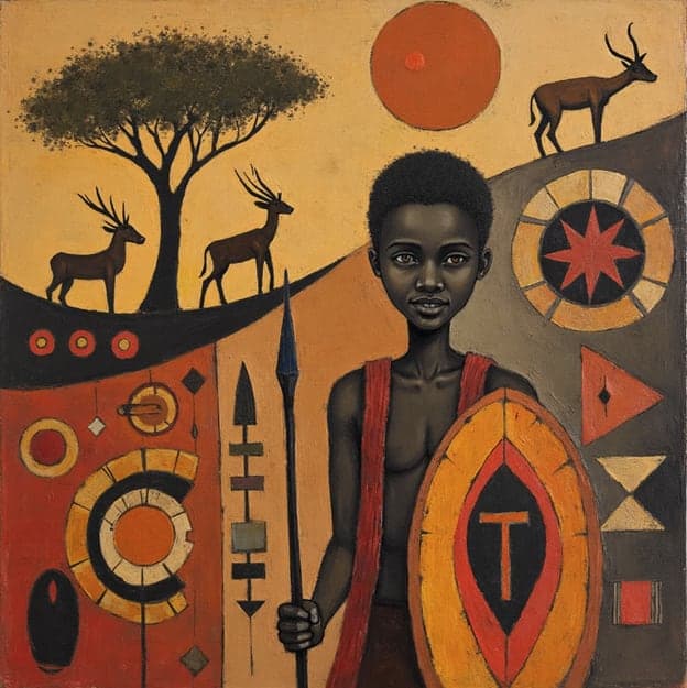 Young Warrior Spear Shield Savanna Antelope Tribal Symbols