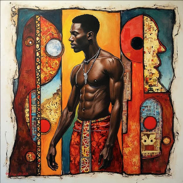 Shirtless Man Necklace Carved Mask Panels Cityscape Moon