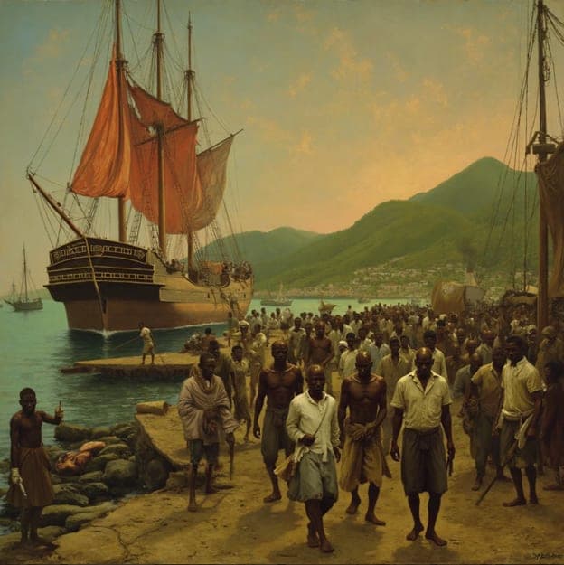 Historical Harbor Scene Tall Ship Dock Crowd Mountains
