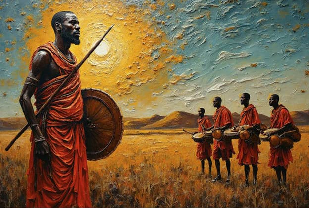 Maasai Warrior Spear Shield Glowing Sun Drummers Savanna
