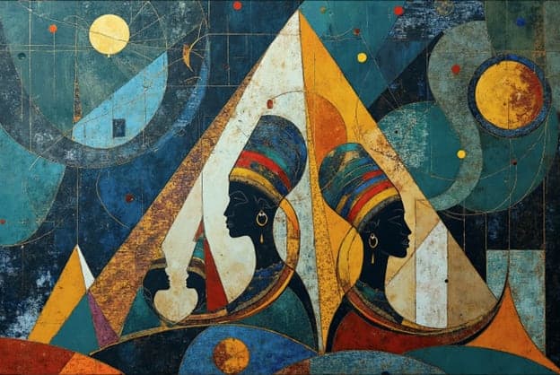 Egyptian Queens Profile Pyramid Triangle Teal Gold Moon