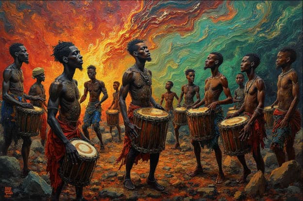 Drummers Djembe Drums Swirling Fire Teal Abstract