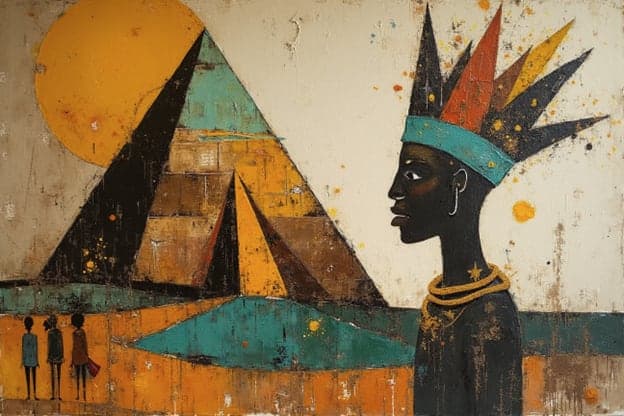 Crowned Profile Portrait Gold Sun Pyramids Silhouettes