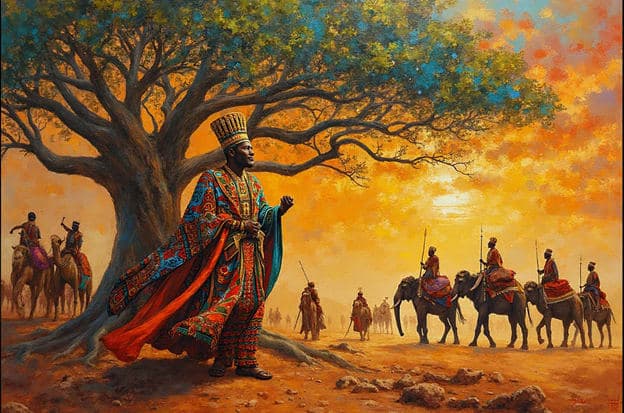 King Ornate Robe Tree Elephant Camel Caravan Sunset