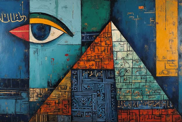 Stylized Eye Pyramid Calligraphy Patterns Blue Orange