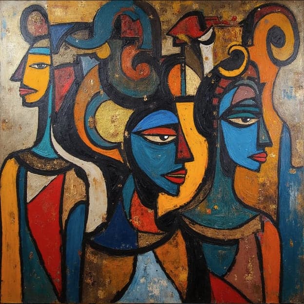 Cubist Three Blue Gold Faces Swirling Headdress Bronze