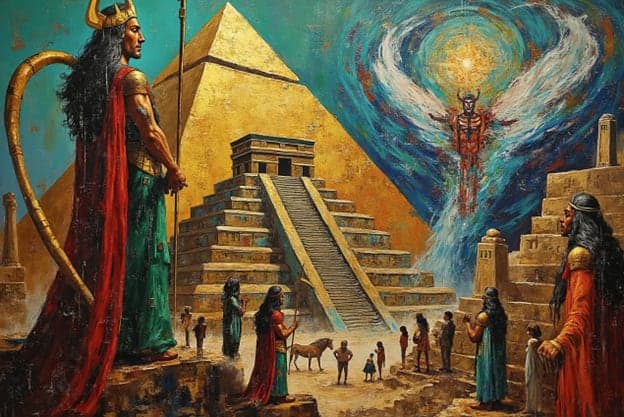 Horned Pharaoh Giant Pyramid Villagers Angelic Figure Sky
