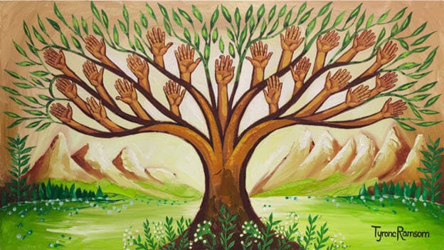 Tree Of Hands Branches Raised Palms Mountain Landscape