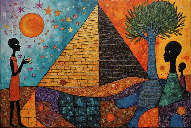 Split Scene Starry Pyramid Tree Silhouette Figures