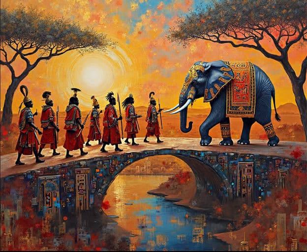 Warriors Red Robes Bridge Decorated Elephant Sunset Acacia