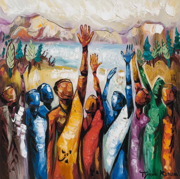 Colorful Robed Figures Raised Hands Mountain Cloudy Sky