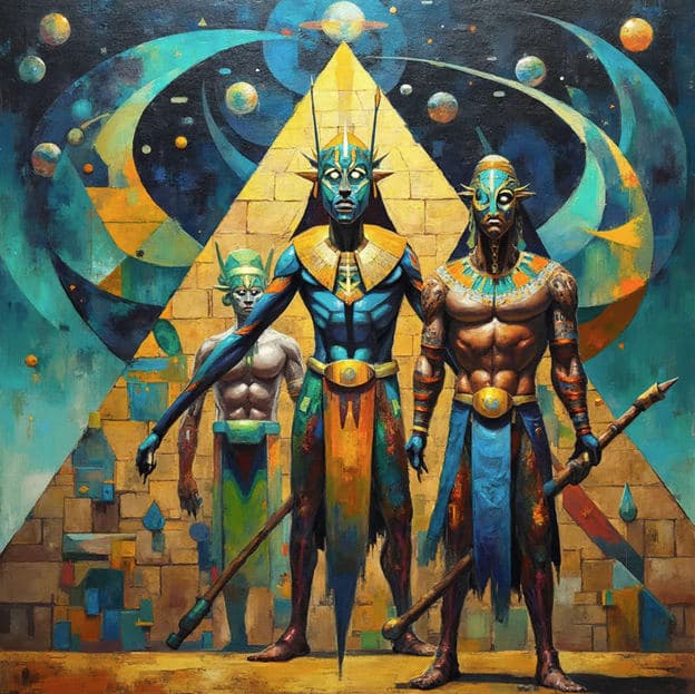 Jackal Masked Deities Pyramid Cosmic Sky Planets