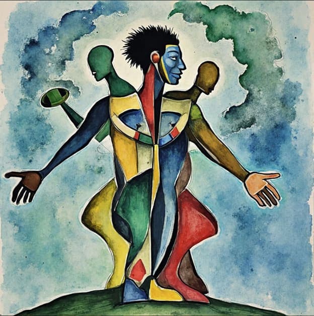 Watercolor Cubist Figure Outstretched Arms Patchwork Torso