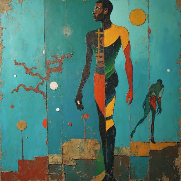 Stylized Man Ankh Emblem Geometric Bodysuit Teal Panels