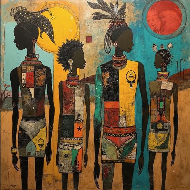 Four Figures Patchwork Tribal Dress Feathered Headdress Suns