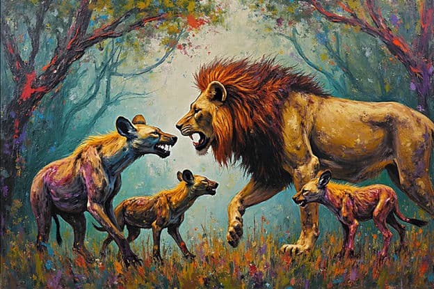 Lion Confronting Hyena Pack