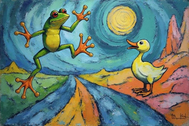 Leaping Frog Startling Duck
