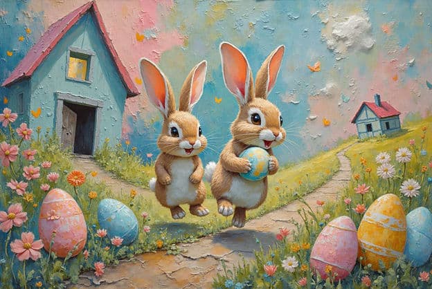 Two Bunnies Easter Eggs Cottage Path