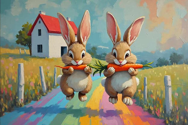 Two Bunnies Holding Carrots Rainbow Path