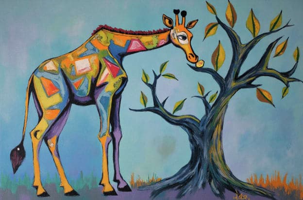 Geometric Painted Giraffe Eating Stylized Tree