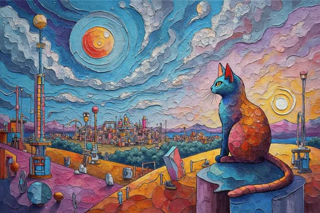 Mosaic Cat Rooftop Fantastical City Skyline