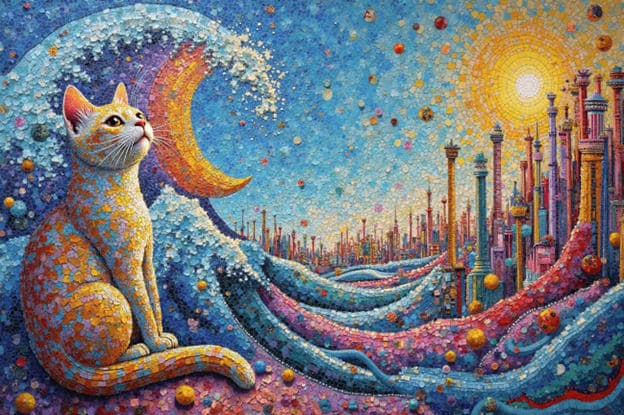 Mosaic Orange Cat Crescent Moon Mosaic Cityscape
