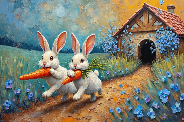 Two Rabbits Carrying Carrot Stone Cottage