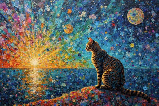 Pointillist Tabby Cat Sunset Ocean Stars Moon