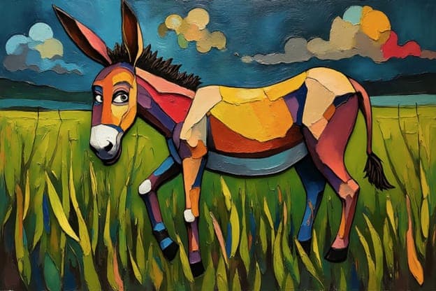 Cubist Donkey Grazing Field Night Sky