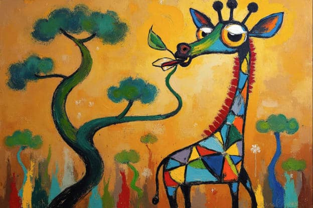 Whimsical Giraffe Eating Leaf Bonsai Tree