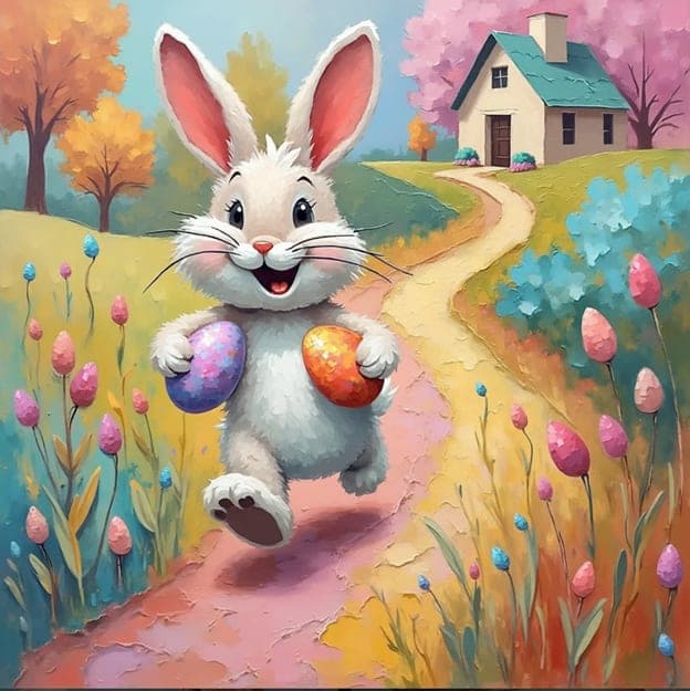 Bunny Running Eggs Teal Roof Cottage Blossoms