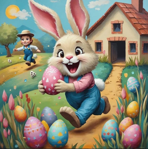 Bunny Pink Egg Boy Running Cottage Tulips