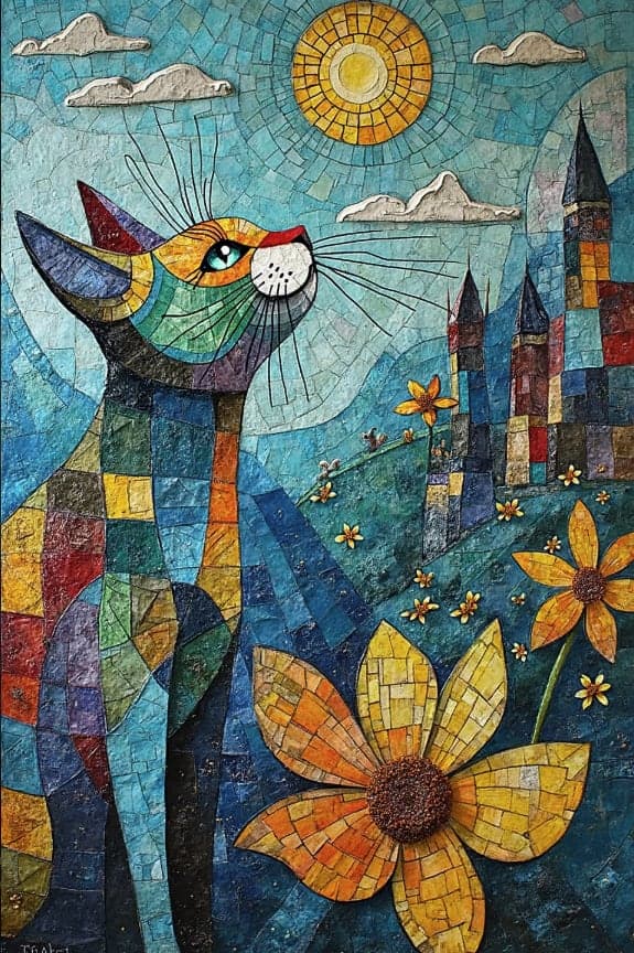 Mosaic Cat Castle Spires Sunflowers