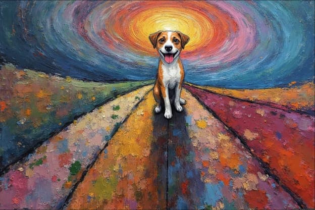 Impasto Dog Swirl Road Colorful Sunburst