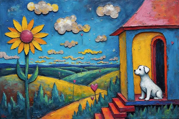 Impasto Dog House Sunflower Red Steps Hearts