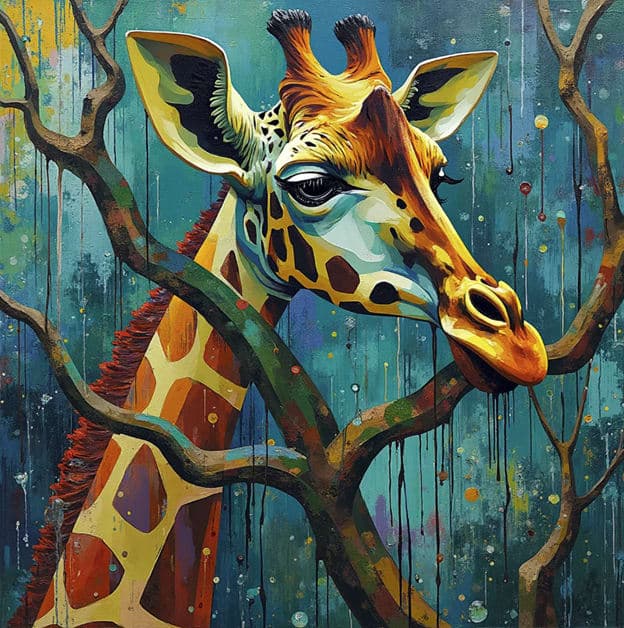 Giraffe Head Tree Branches Teal Splatter