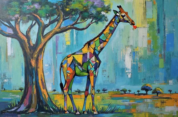 Cubist Patchwork Giraffe Eating Leafy Tree