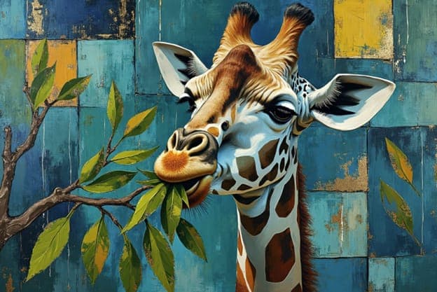 Giraffe Eating Leaves Blue Gold Patchwork